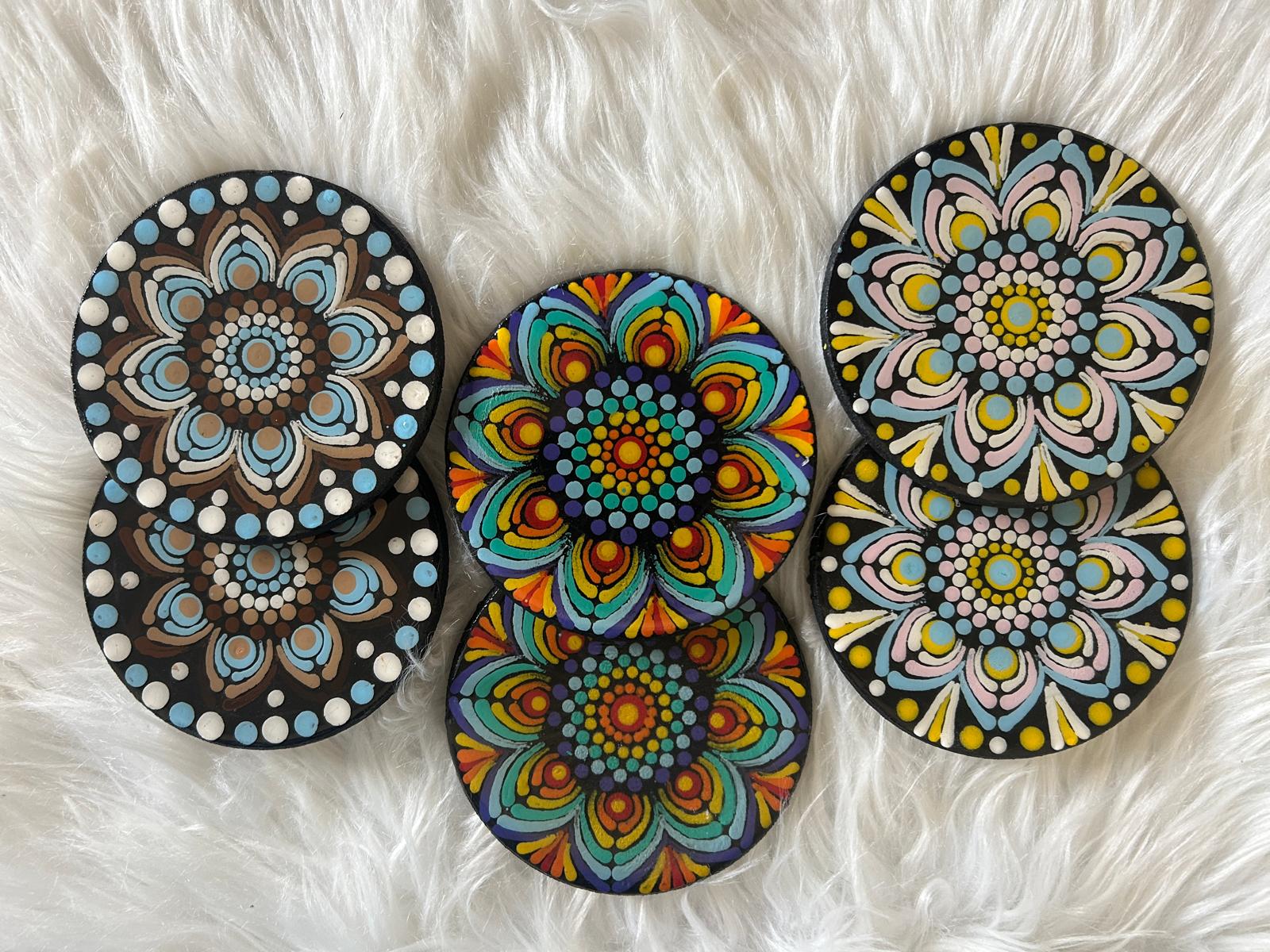 Circular Bloom Dot Mandala Wooden Coasters - Set of 2