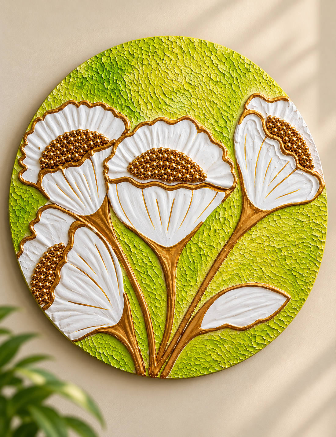 Golden Core Floral 3D Textured Round Canvas Art