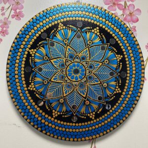 Golden Azure Bloom – Hand-Painted Dot Mandala Wall Art